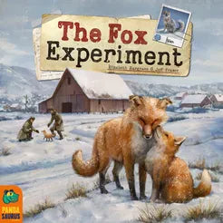The Fox Experiment board game featuring foxes and people in a snowy setting near red barns.