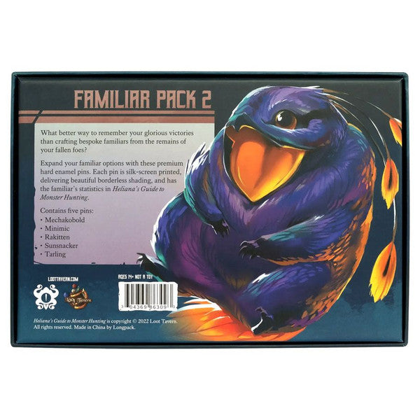 Helianas Guide to Monster Hunting: Enamel Pins Pack 2 box with a colorful fantasy bird perched on it.