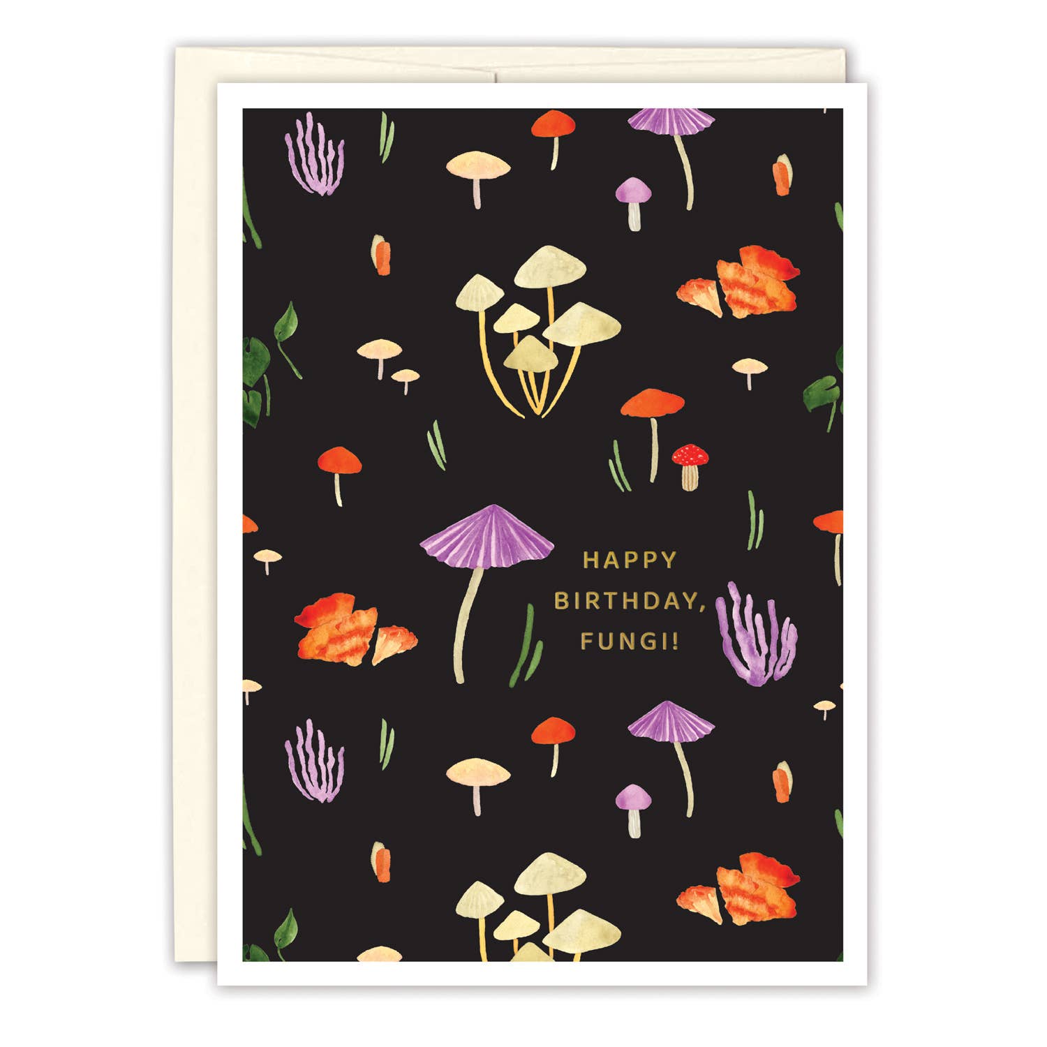 Fungi Happy Birthday Card featuring colorful mushroom art by Misha Zadeh and “Happy Birthday, Fungi” text on black background.