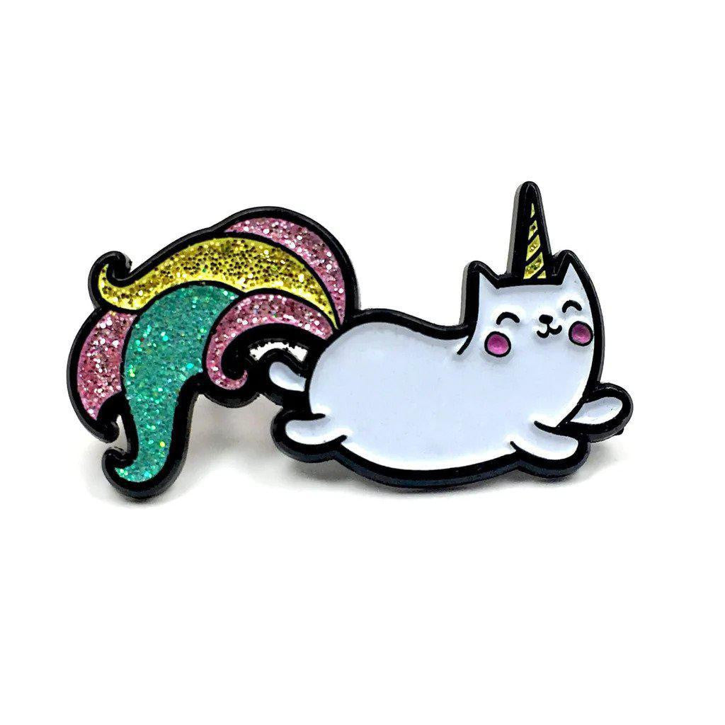 Kolorspun Pins Unicat Enamel Pin featuring a cat-unicorn with a glittery rainbow tail, gold metal, standard size.