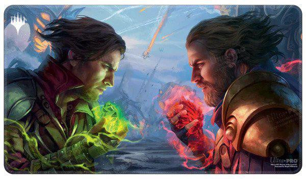 Brothers War Holofoil Playmat for Magic: The Gathering featuring two armored men dueling with magic under stormy skies.
