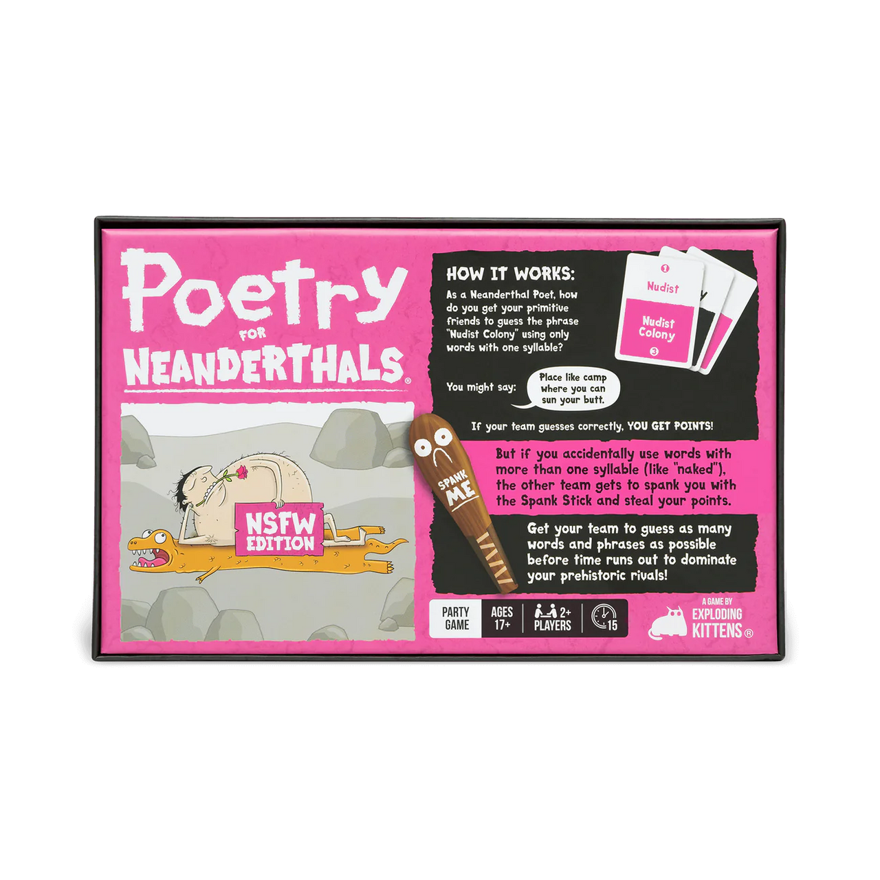 Box for Poetry for Neanderthals NSFW adult party word game, showing cartoon mammoth and humorous instructions.