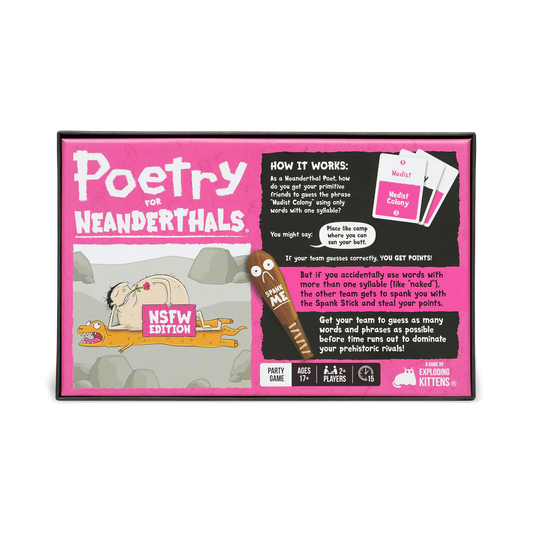 Box for Poetry for Neanderthals NSFW adult party word game, showing cartoon mammoth and humorous instructions.