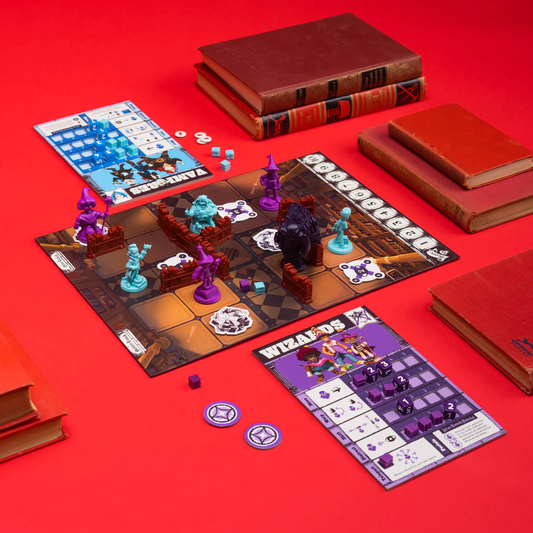 Mythic Mischief Volume I board game with miniatures and cards on a red surface, shown with books.