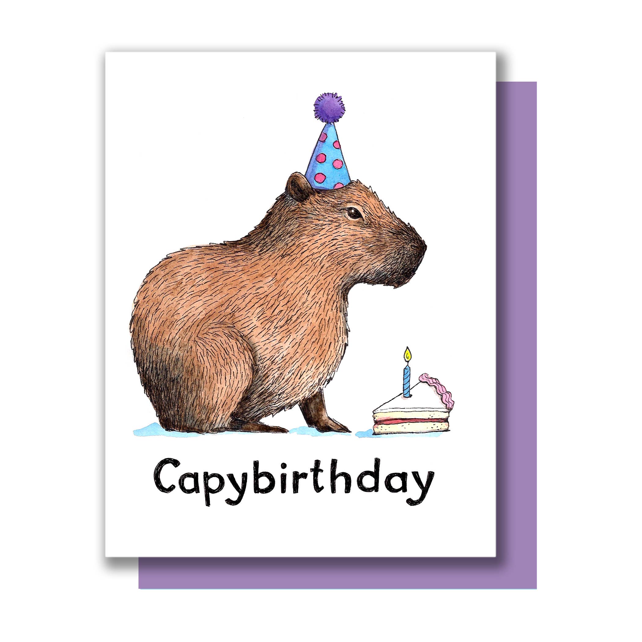 Watercolor Capybara Birthday Card featuring a capybara in a party hat by cake with “capybirthday” text below.