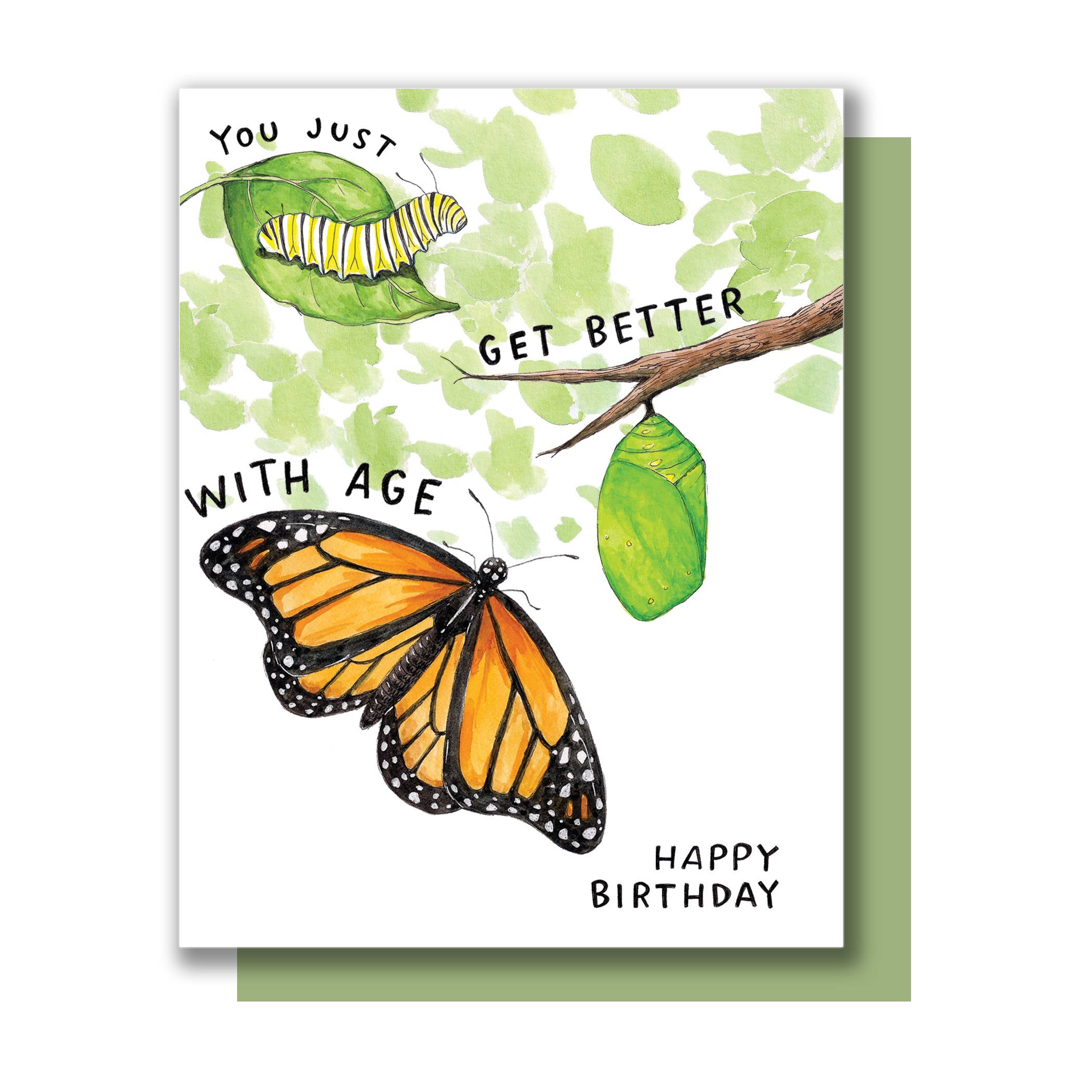 Better With Age Monarch Butterfly Birthday Card with butterfly life cycle and You just get better with age. Happy Birthday.