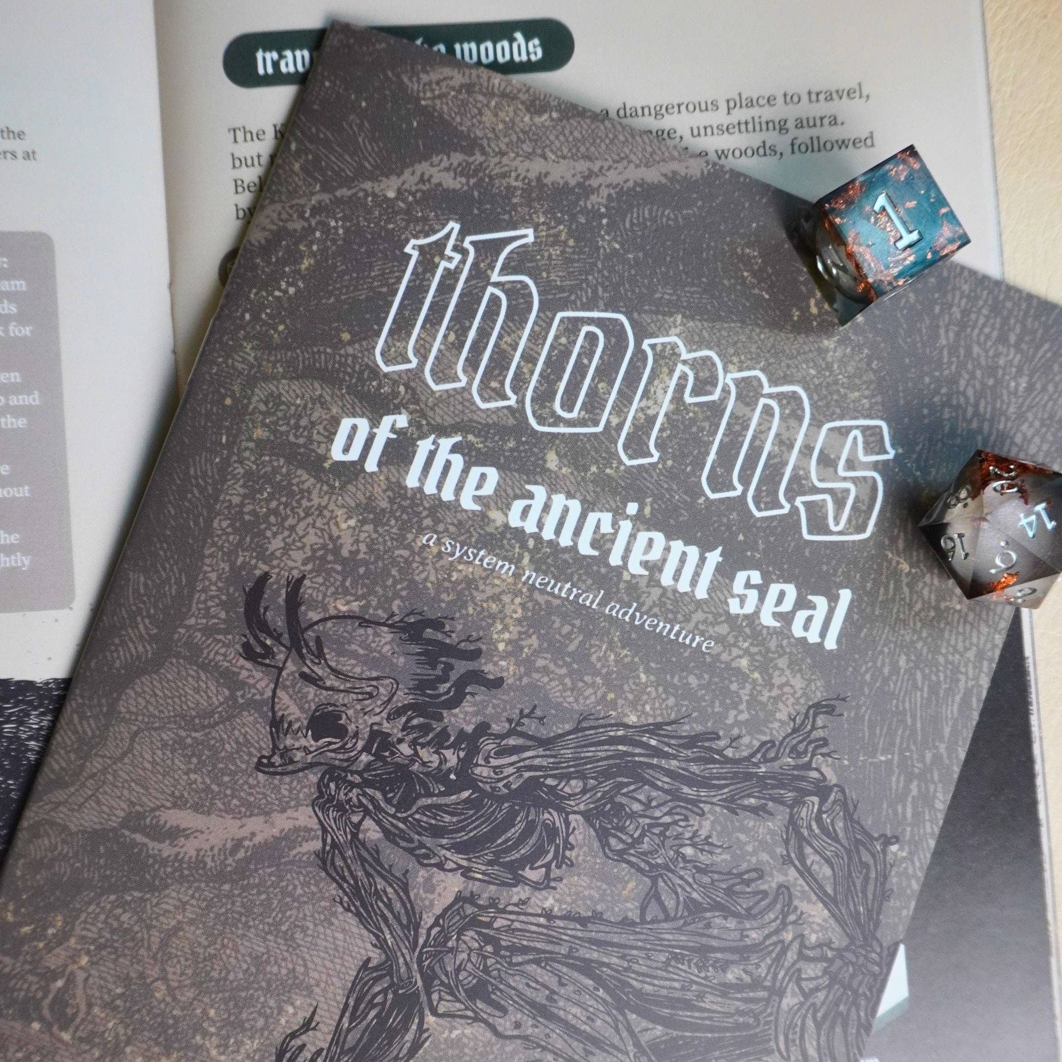 Thorns of an Ancient Seal forest horror TTRPG adventure booklet, system-agnostic, fantasy one-shot.