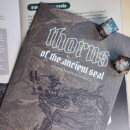 Thorns of an Ancient Seal forest horror TTRPG adventure booklet, system-agnostic, fantasy one-shot.