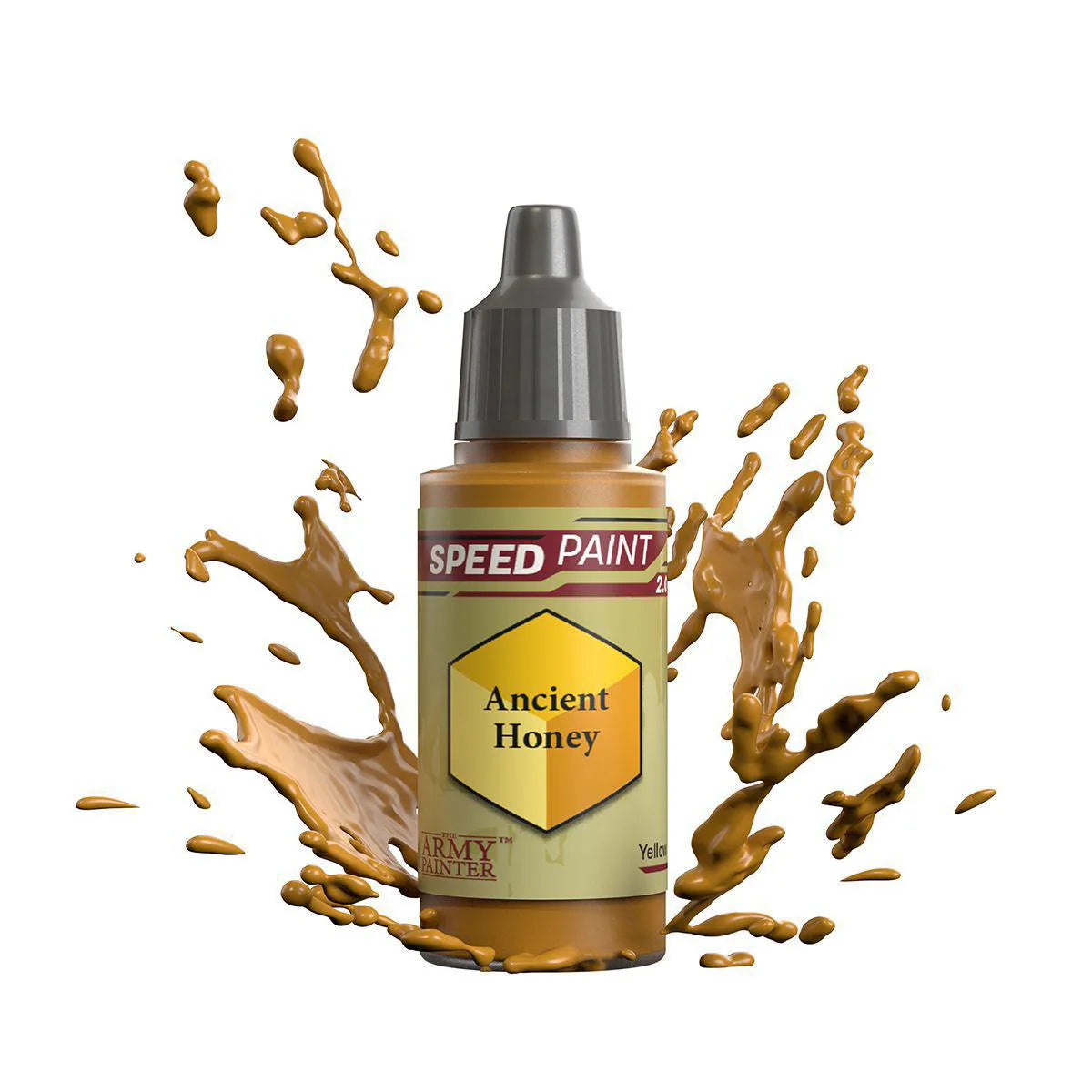 Army Painter Speedpaint bottle, Ancient Honey variant, with yellow-brown paint splashing around it.
