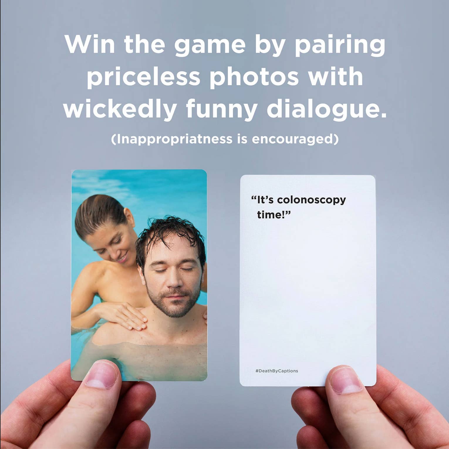 Two Death by Captions cards: one shows a man and woman in a pool, the other reads “It’s colonoscopy time”.
