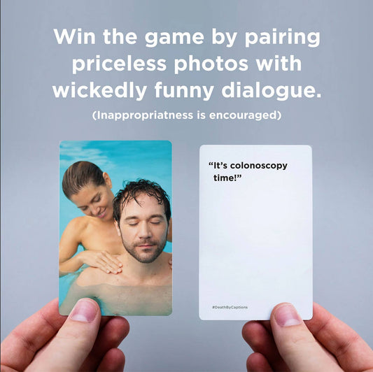 Two Death by Captions cards: one shows a man and woman in a pool, the other reads “It’s colonoscopy time”.