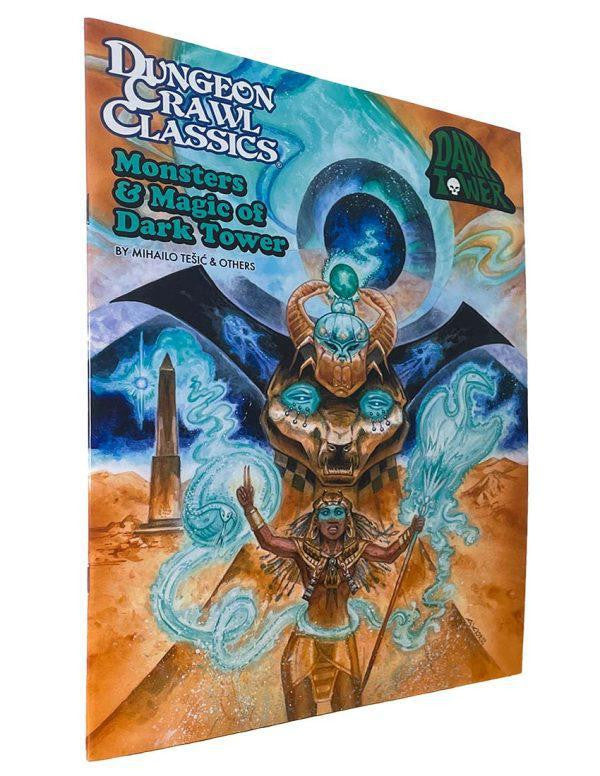 Dark Tower: Monsters & Magic of Dark Tower game cover with mystical symbols, a sorceress, and a glowing giant skull.
