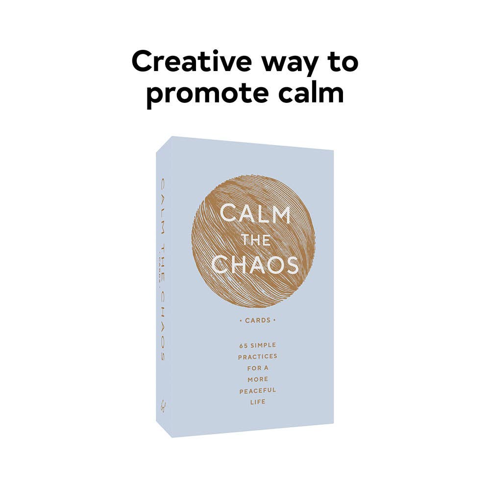 Calm the Chaos Cards set in light blue box with gold circle, includes 65 mindfulness practice cards.
