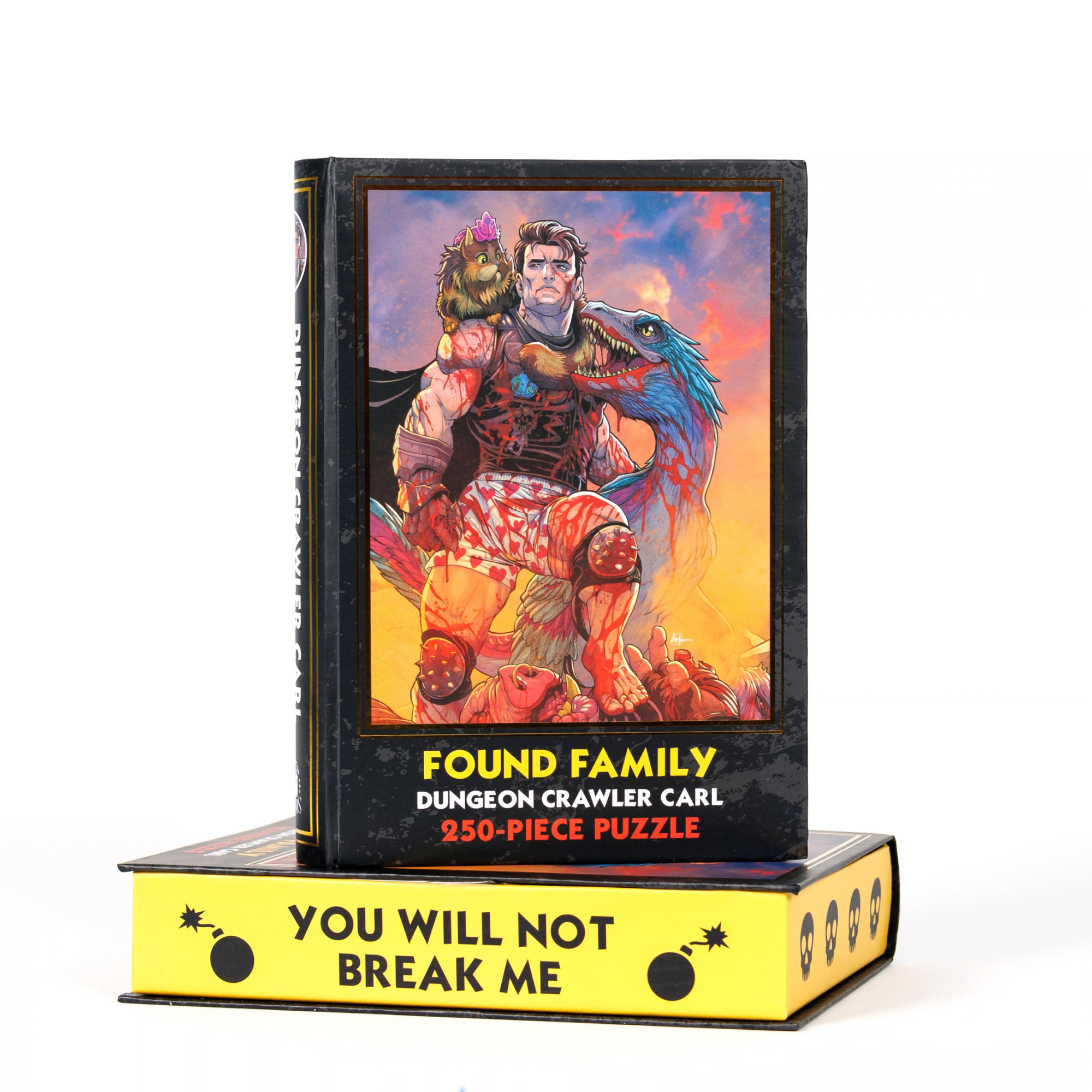 Found Family Keepsake Puzzle featuring Dungeon Crawler Carl displayed on a yellow You Will Not Break Me book.