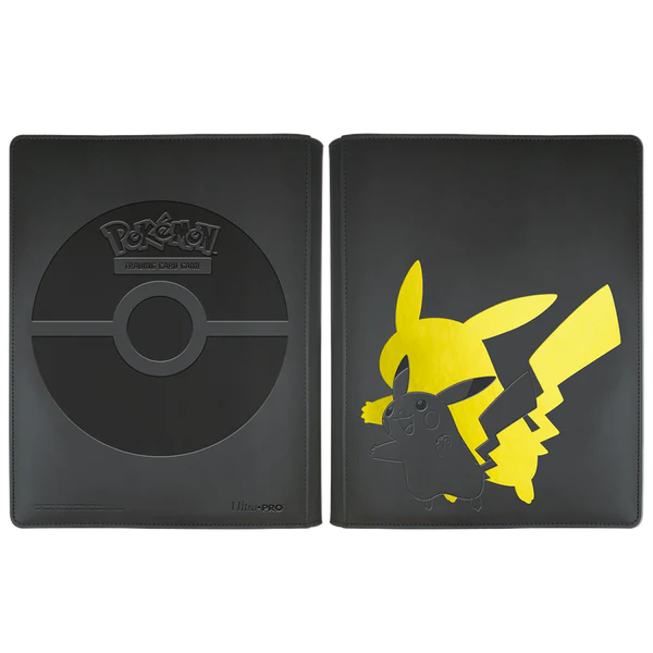 Pokemon Pikachu Binder, 9 Pocket, Elite Series with black cover featuring Poké Ball and Pikachu designs.