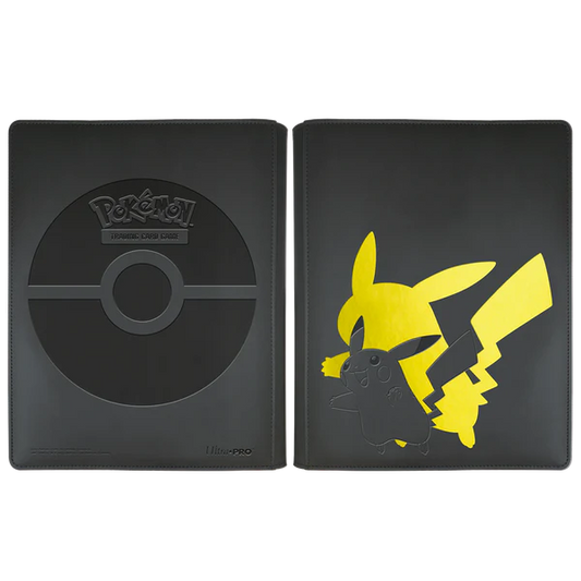 Pokemon Pikachu Binder, 9 Pocket, Elite Series with black cover featuring Poké Ball and Pikachu designs.