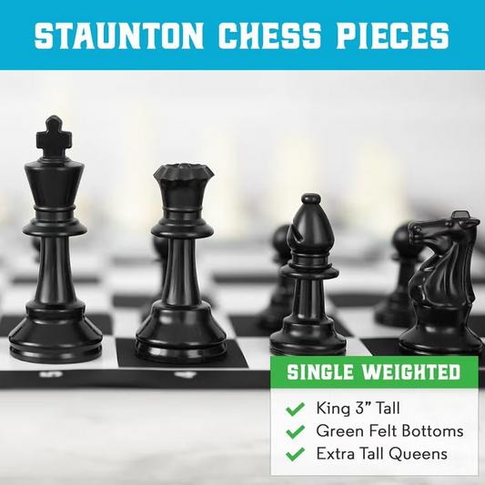Four black chess pieces with green felt bases on a silicone board, 3 king size, Travel Best Chess Set Ever.