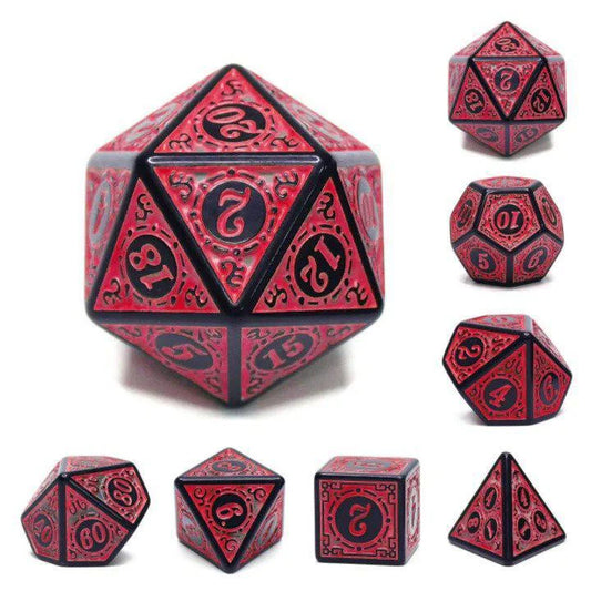 Magic Flame - Red RPG Dice Set: red and black resin polyhedral dice set with d20, displayed on a white background.