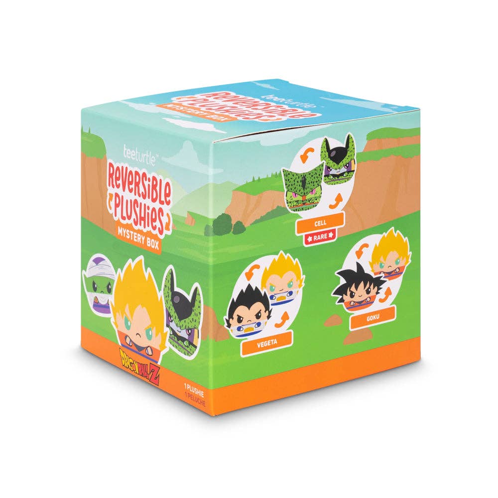 Dragon Ball Z reversible plushie mystery box featuring Cell, Vegeta, and Goku.