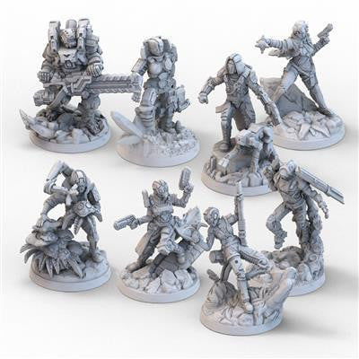 Eight sci-fi miniatures for ISS Vanguard cooperative space exploration board game.