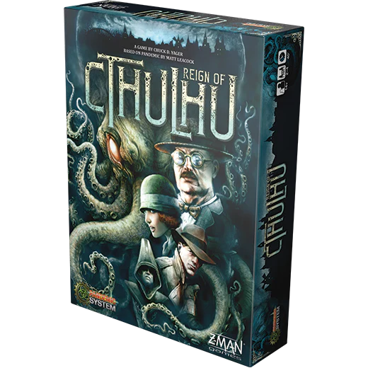 Pandemic: Reign of Cthulhu game box with investigators and a large green tentacled creature on the cover.