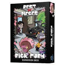 Rest in Pieces Expansion: Rick Fury deck with cartoon characters and a black car in board game artwork.