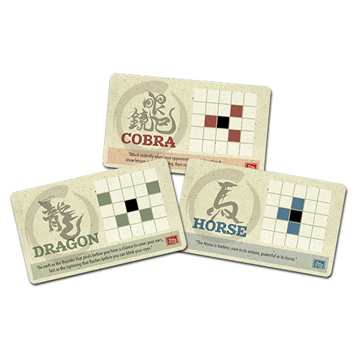 Three Onitama cards—Cobra, Dragon, and Horse—displaying unique moves from the game Onitama.