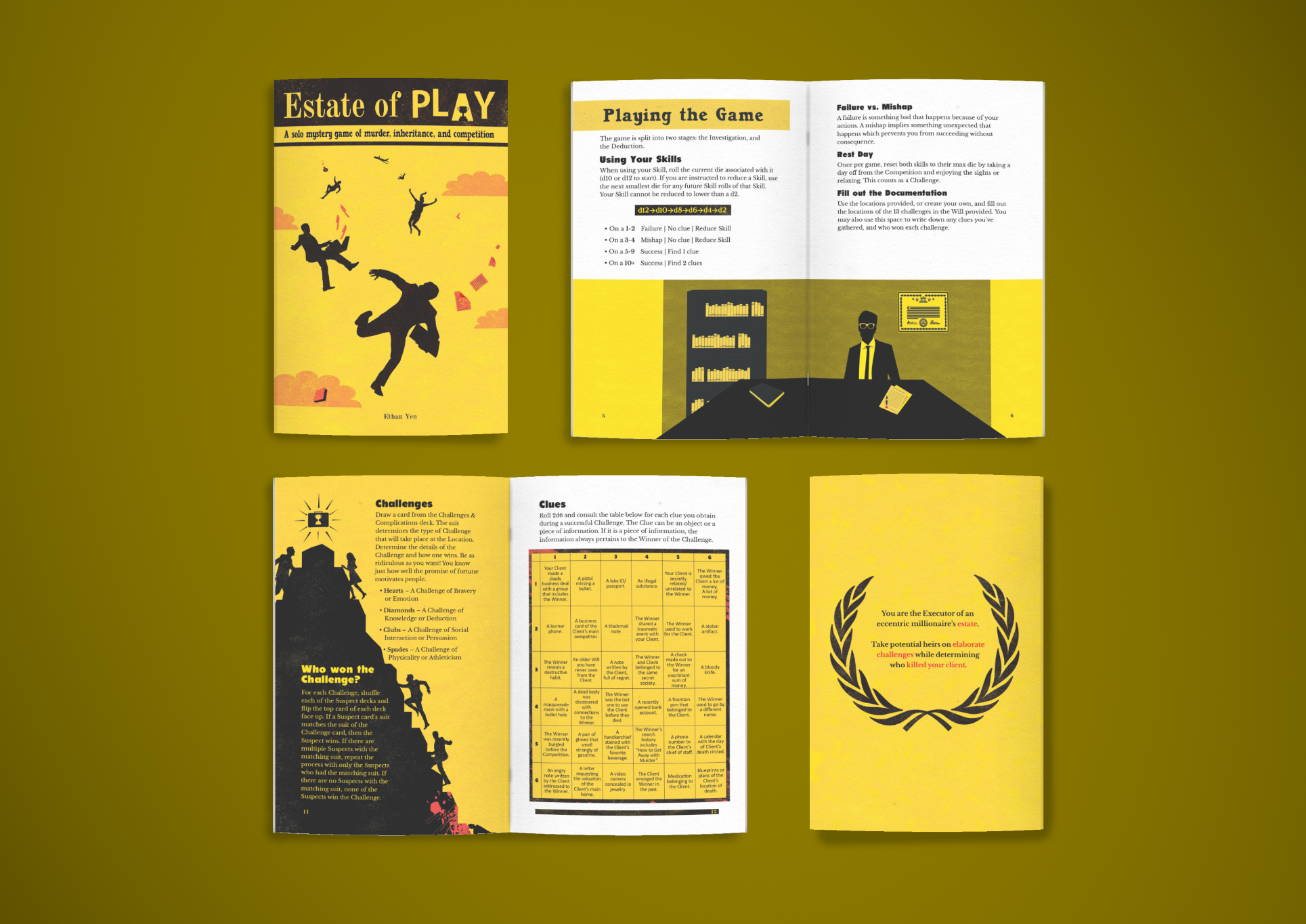 Estate of Play, a 6-page yellow and black mystery journaling game with text, illustrations, and charts on mustard pages.