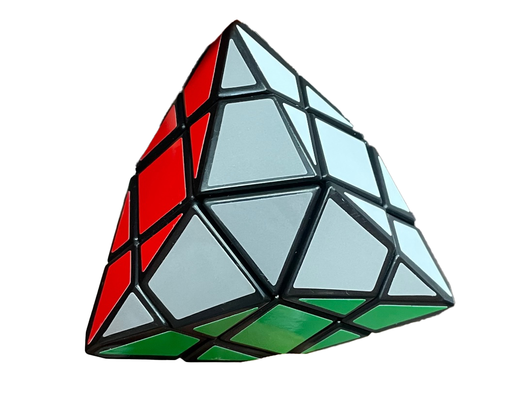 Volstar Inverse Twist & Solve Pyramid Puzzle with red, white, and green triangular side pieces.