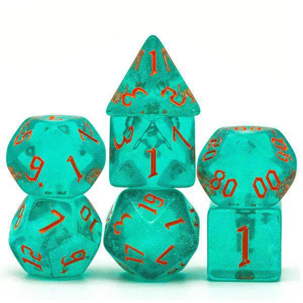 Hurricane Elemental RPG Dice Set with turquoise polyhedral dice and red numbers for role-playing games.