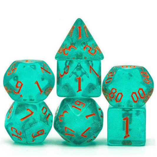 Hurricane Elemental RPG Dice Set with turquoise polyhedral dice and red numbers for role-playing games.