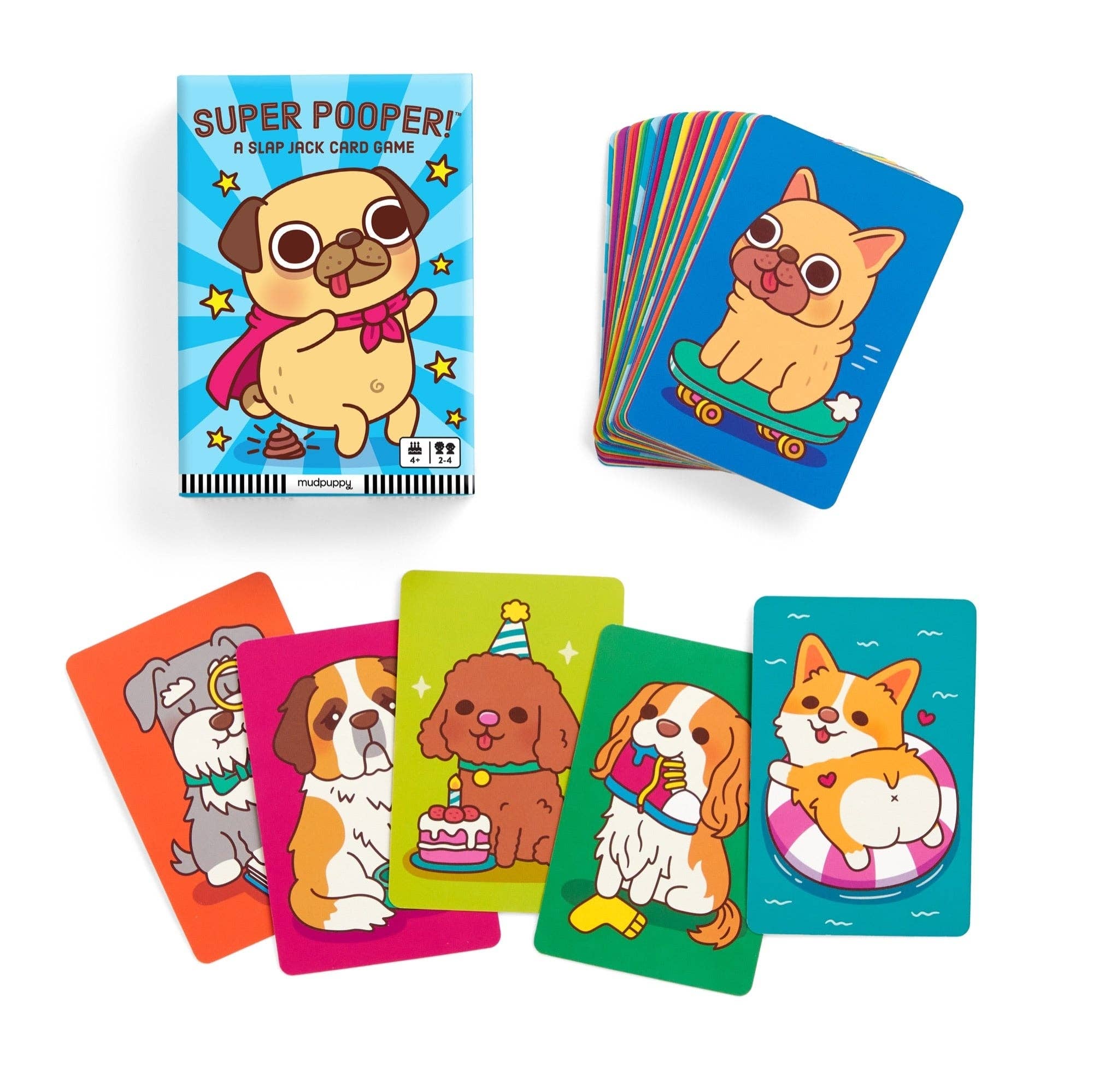 Super Pooper Card Game featuring cartoon dogs, a superhero, and colorful artwork.