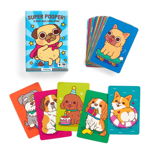 Super Pooper Card Game featuring cartoon dogs, a superhero, and colorful artwork.