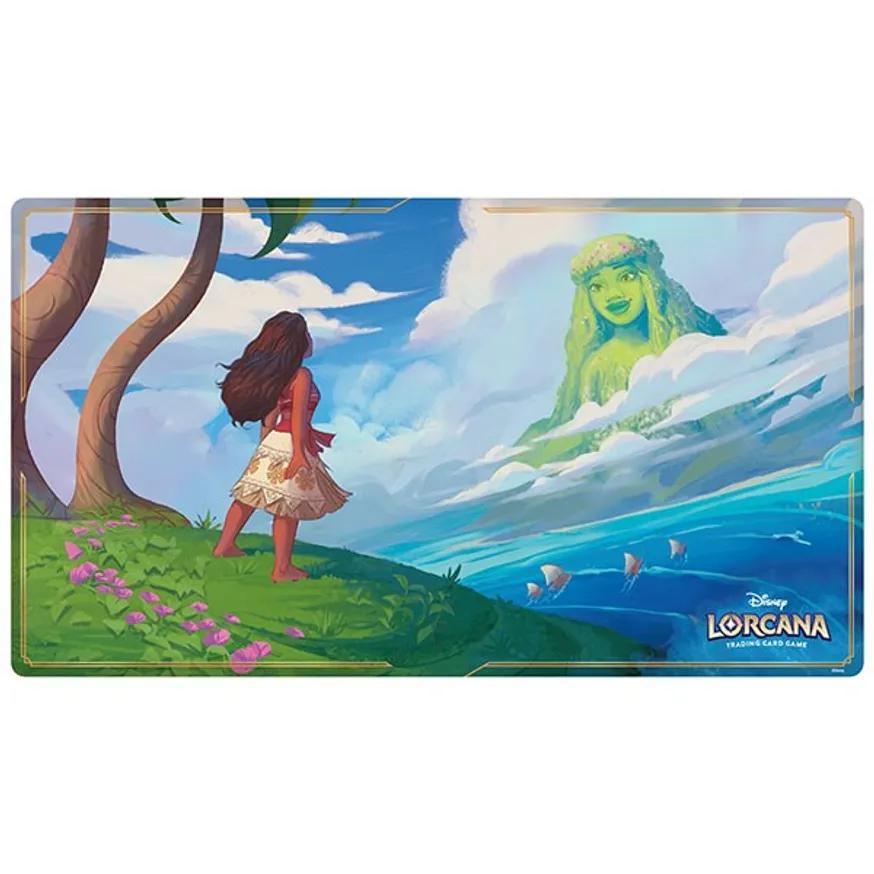 Lorcana Playmat featuring Moana standing on grass facing Te Fiti’s face in the clouds.