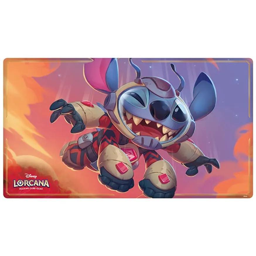 Disney Lorcana playmat featuring Stitch in a superhero suit under the Disney Lorcana logo.