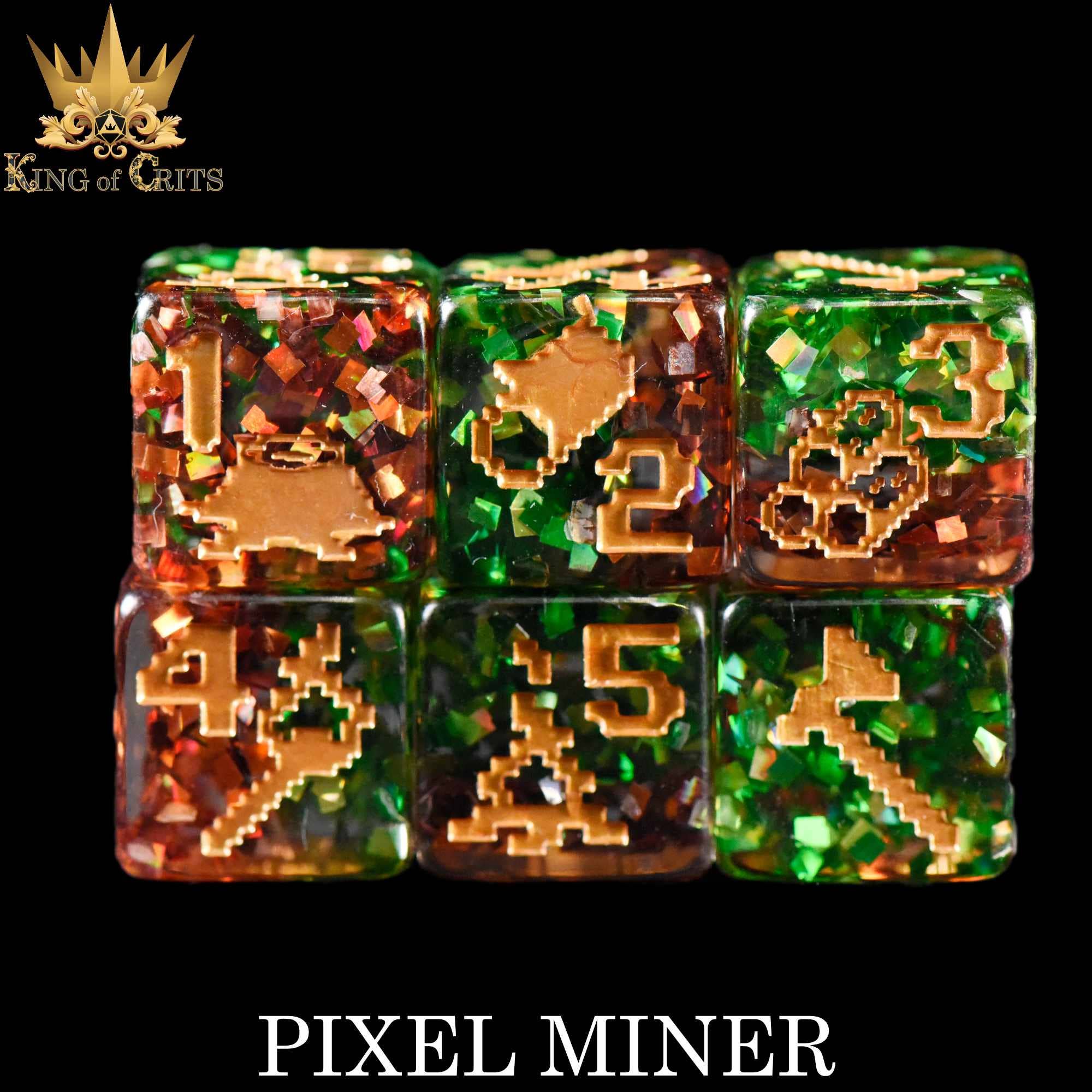 Eleven glittery Pixel Miner dice with gold pixel numbers, mining icons, and PIXEL MINER text below.