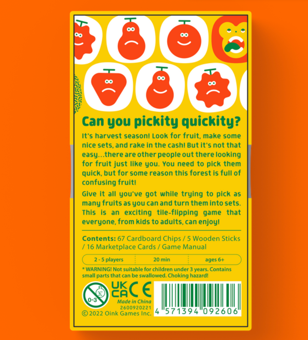 Back of Quickity Pickity game box showing product info, fruit-faced icons, and bold text on a yellow and orange background.
