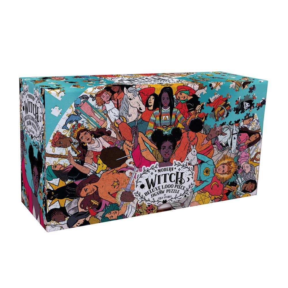 The Modern Witch Deluxe 1,000 Piece Jigsaw Puzzle by Lisa Sterle featuring diverse women in witch-inspired attire.