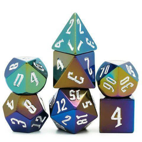 Jumbo Metal Set with Silver Font: colorful polyhedral dice for Dungeons and Dragons.