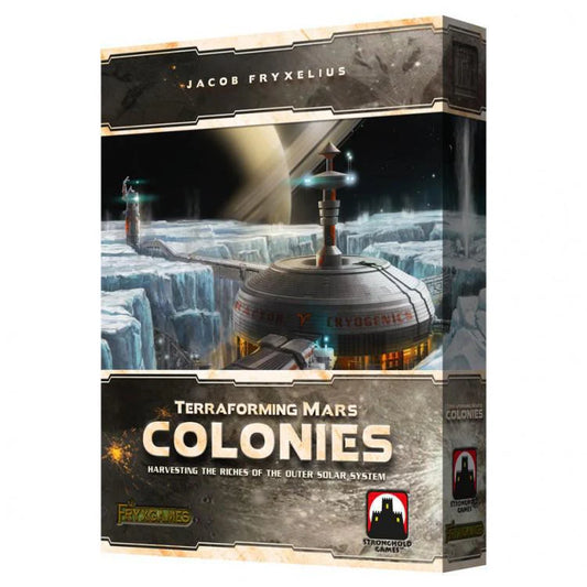 Terraforming Mars: The Colonies game box, trade fleet, and colony tiles on an icy landscape.