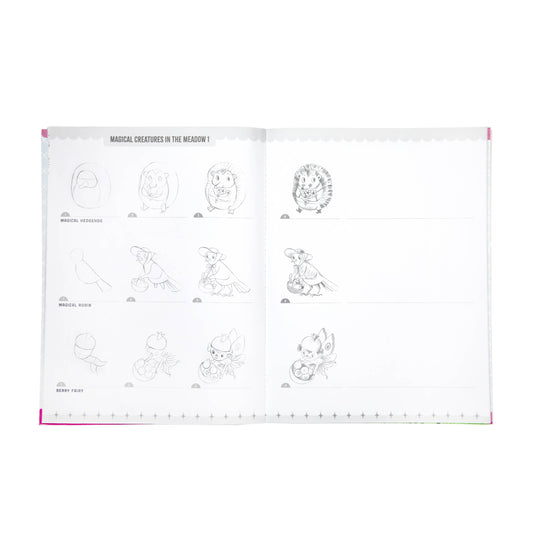 Learn to Draw Magical Creatures with Stickers kit with step-by-step guides for drawing hedgehog, robin, and fairy.