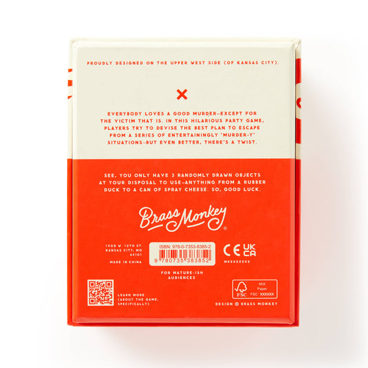 Back of Brass Monkey Not Today, Murder Game box in red and white, murder mystery party game.