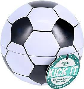 Kick It black and white soccer ball-shaped container with a green tag.