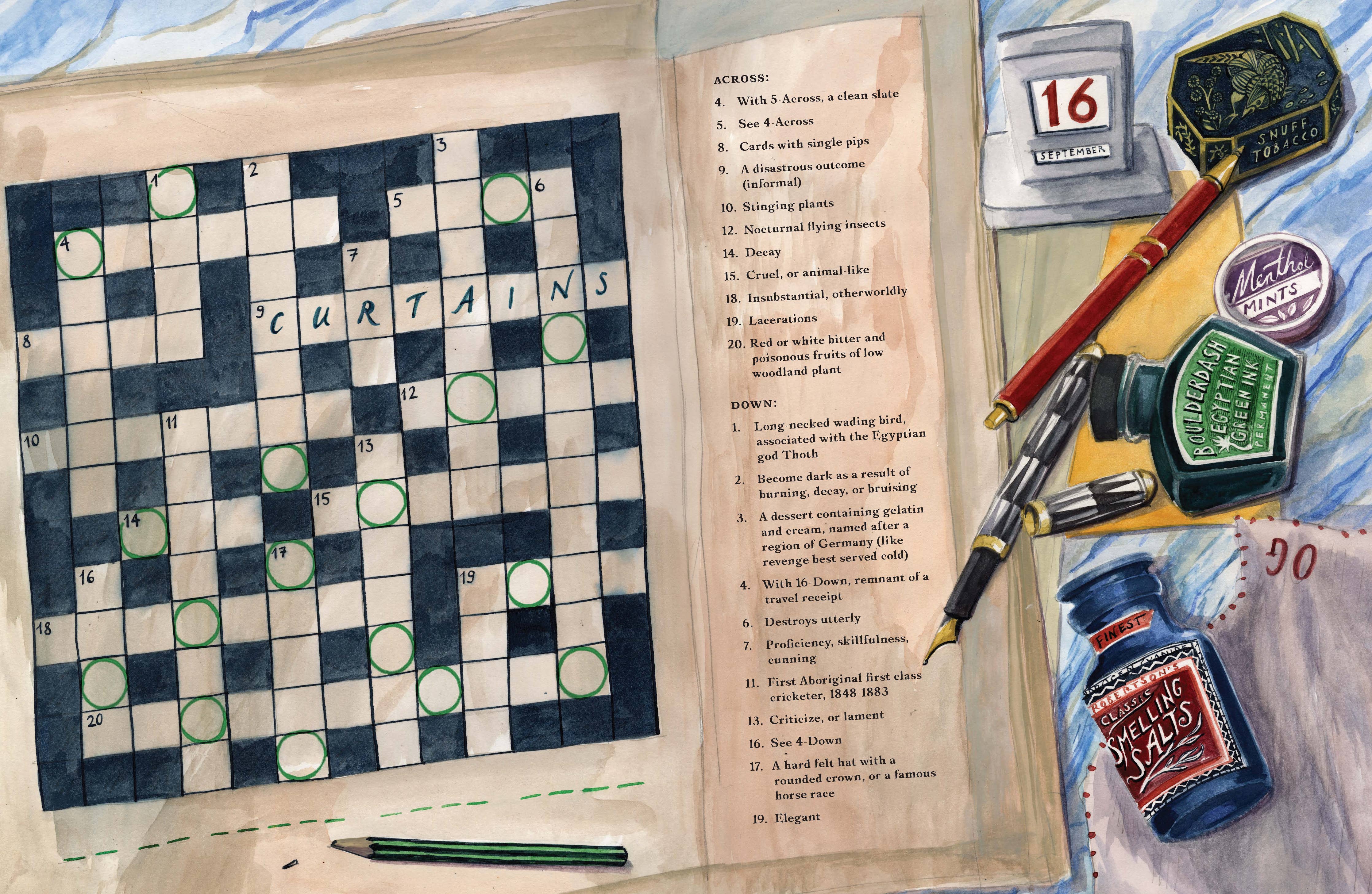 Murder Most Puzzling crossword with pens, mints, and ink next to an open detective book.