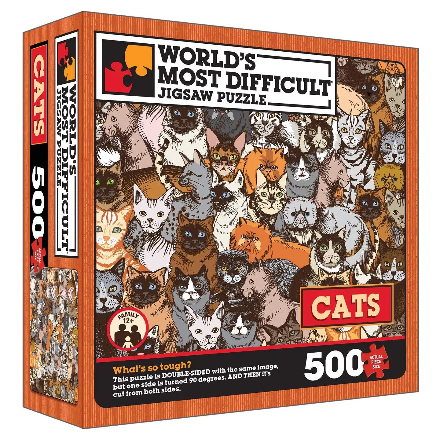 Cats Jigsaw Puzzle, 500 pieces, double-sided, dense illustrated cat collage, labeled World’s Most Difficult.