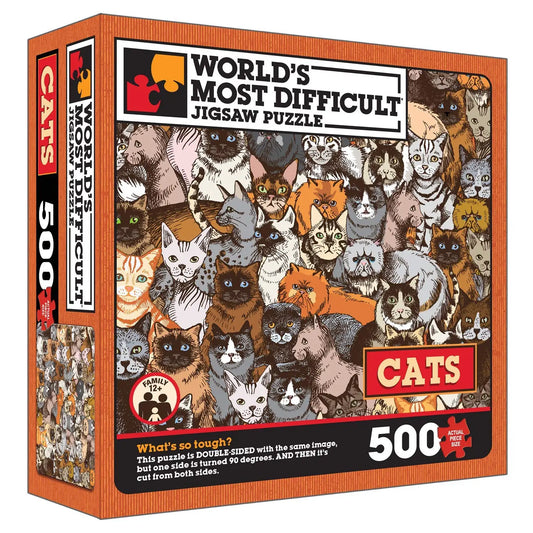 Cats Jigsaw Puzzle, 500 pieces, double-sided, dense illustrated cat collage, labeled World’s Most Difficult.