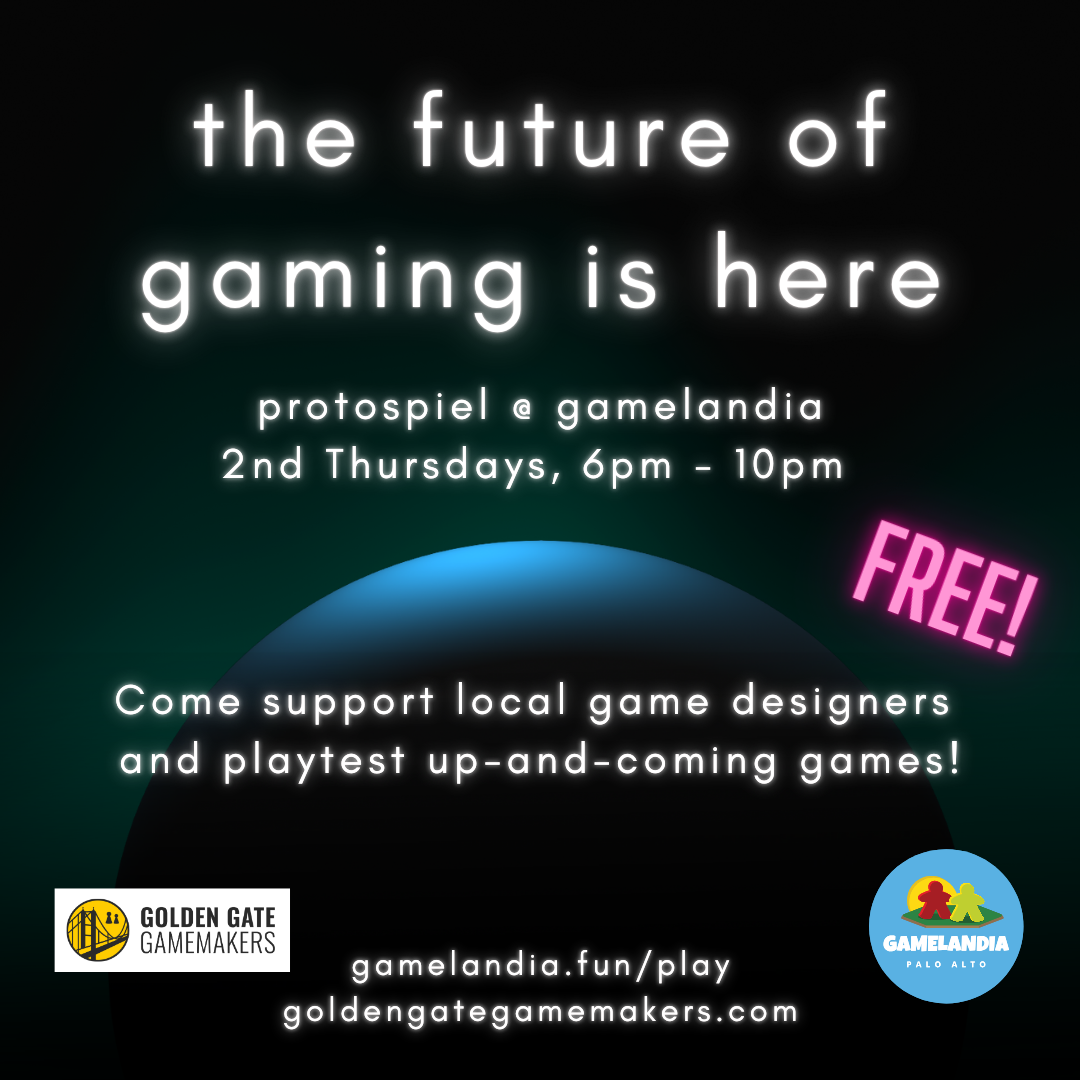 6p Protospiel board game testing event at GameLandia, 2nd Thursdays, 6–10pm. Free entry.