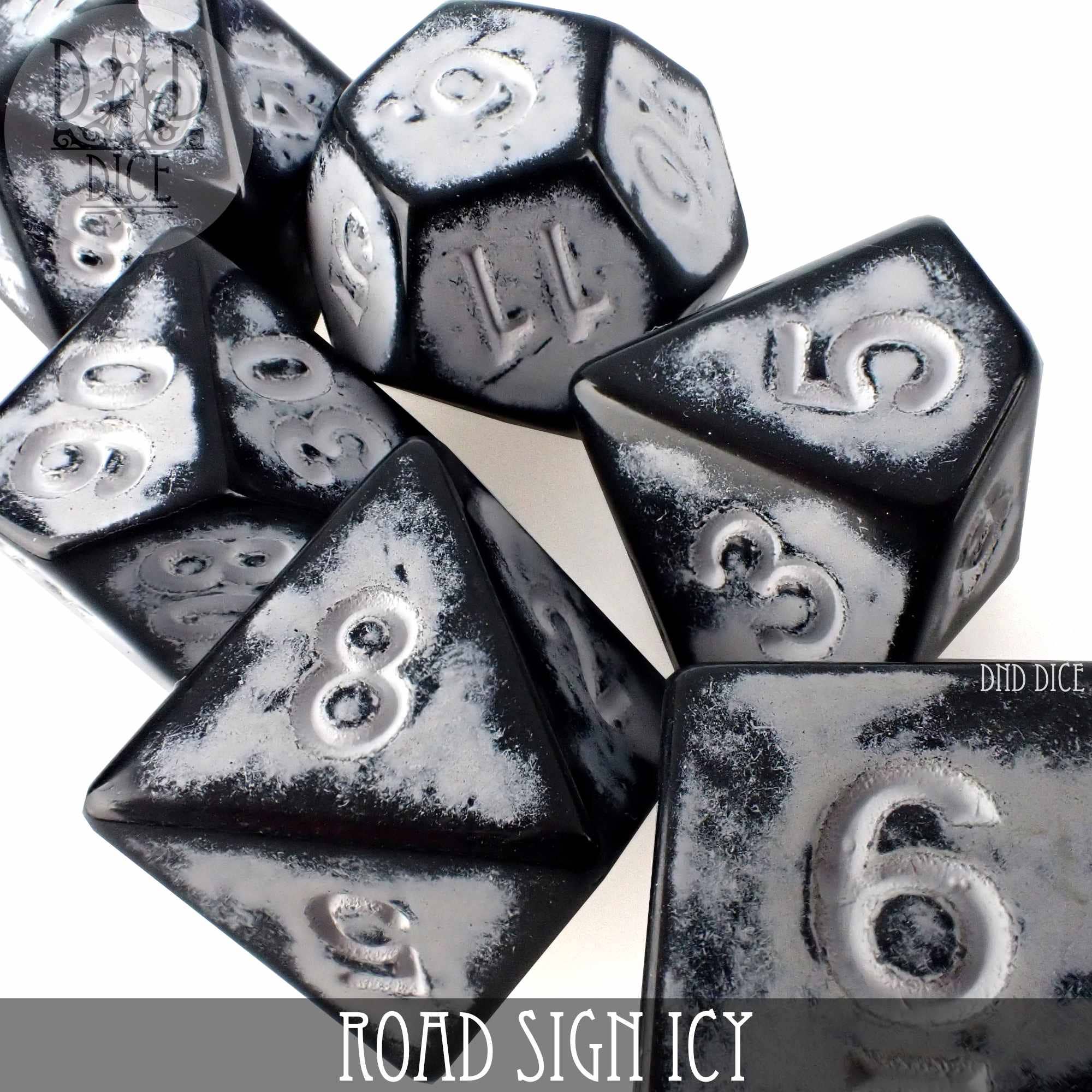 Road Sign Icy 7-piece black and white frosty acrylic dice set for tabletop gaming.