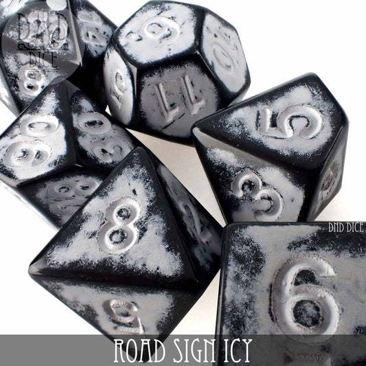 Road Sign Icy 7-piece black and white frosty acrylic dice set for tabletop gaming.