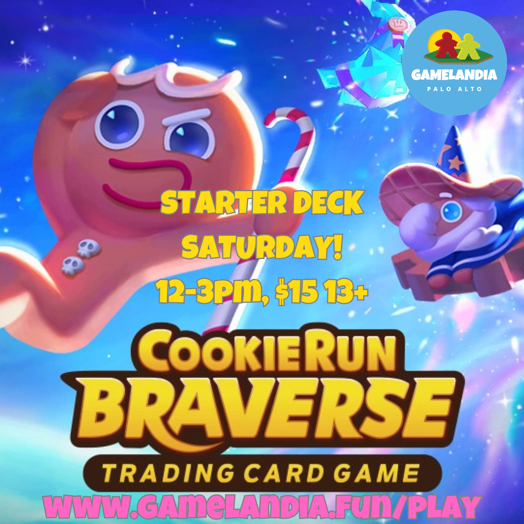 Cookierun Starter Deck event information with animated cookie characters and Gamelandia Palo Alto logo.